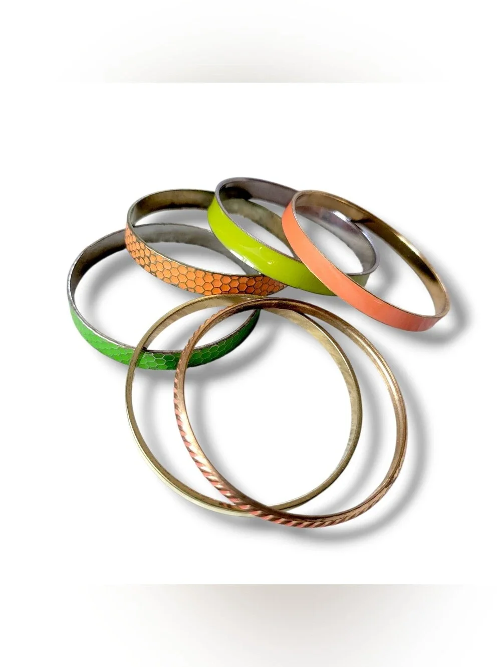 Mixed Gold Tone Orange/Green Stackable Enamel Bangle Bracelet Bundle [6pc]